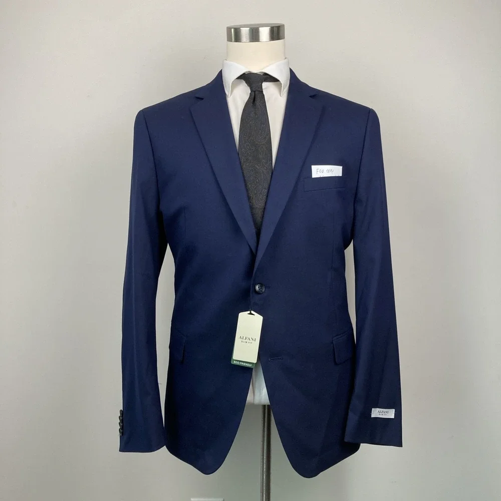 Alfani Mens Slim fit Suit Jacket Blazer 46R Navy Blue Solid‎ Stretch